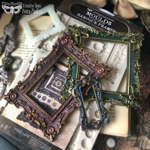 May include: A set of three silicone molds for making decorative baroque frames. The molds are in various shades of green, brown, and gold. The molds are labeled "imaginarium. MOULDS MOULES MOLDES BAROQUE FRAMES".