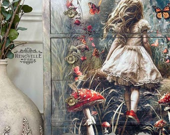A1 Decoupage Fiber Paper for Furniture DREAMLIKE TRAILS | Redesign with Prima Decoupage Papers | Mushrooms Butterflies Alice in Wonderland