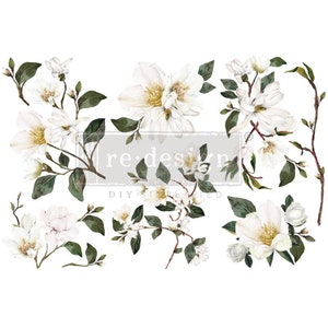 May include: White floral design with multiple branches of white flowers and green leaves. The design is perfect for crafting and decorating.