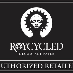 May include: Black and white logo with a stylized image of a woman's face with a gear above her head. The text "ROYCYCLED DECOUPAGE PAPER" is below the image. The text "AUTHORIZED RETAILER" is at the bottom of the image.