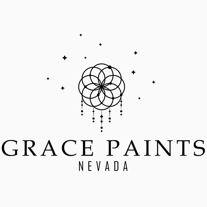 May include: Black and white logo with a geometric design resembling a dreamcatcher with stars around it. The text "GRACE PAINTS NEVADA" is below the design.