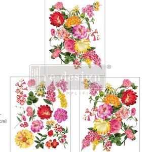 May include: Three sheets of decoupage paper featuring a floral design with pink, red, yellow, and white flowers. The flowers are arranged in a bouquet style and are set against a white background. The paper is designed for crafting and decorating projects.