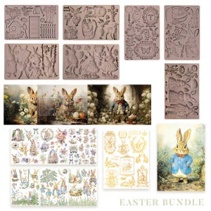 May include: An Easter-themed bundle featuring various molds with bunny designs, decorative stickers with floral and bunny illustrations, and a vintage-style illustration of a bunny in a blue jacket. The text "EASTER BUNDLE" is visible.