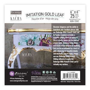 May include: A package of 25 sheets of imitation gold leaf, 6 inches by 6 inches, for use in crafting and home decor projects. The package is labeled "Redesign With Prima® Gold Leaf by Kacha" and is non-toxic.