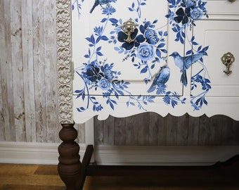 Rub on Furniture Transfers PRETTY in BLUE | Redesign With Prima Decals | Floral Birds Branches Flowers Vines