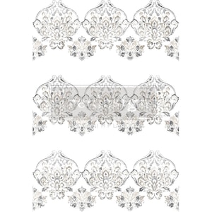 May include: A repeating pattern of a silver and gray damask design with a white background. The design is a traditional floral pattern with a vintage look.