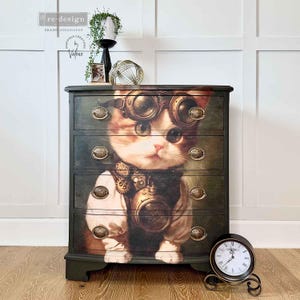 Extra Large Decoupage Paper for Furniture CLOCKWORK KITTY || Redesign with Prima A1 Fiber Paper || Steampunk Kitten Cat Goggles