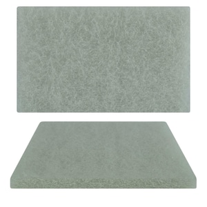 May include: A light gray, rectangular, textured filter. The filter is made of a material that looks like felt or fabric. The filter is shown in two different positions, one flat and one angled.