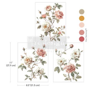 May include: Three rectangular sheets featuring botanical illustrations of roses in shades of pink, white, and green. Each sheet measures 8.5 inches by 11 inches. A color palette with five circular swatches labeled Hue Harmony is on the right side.