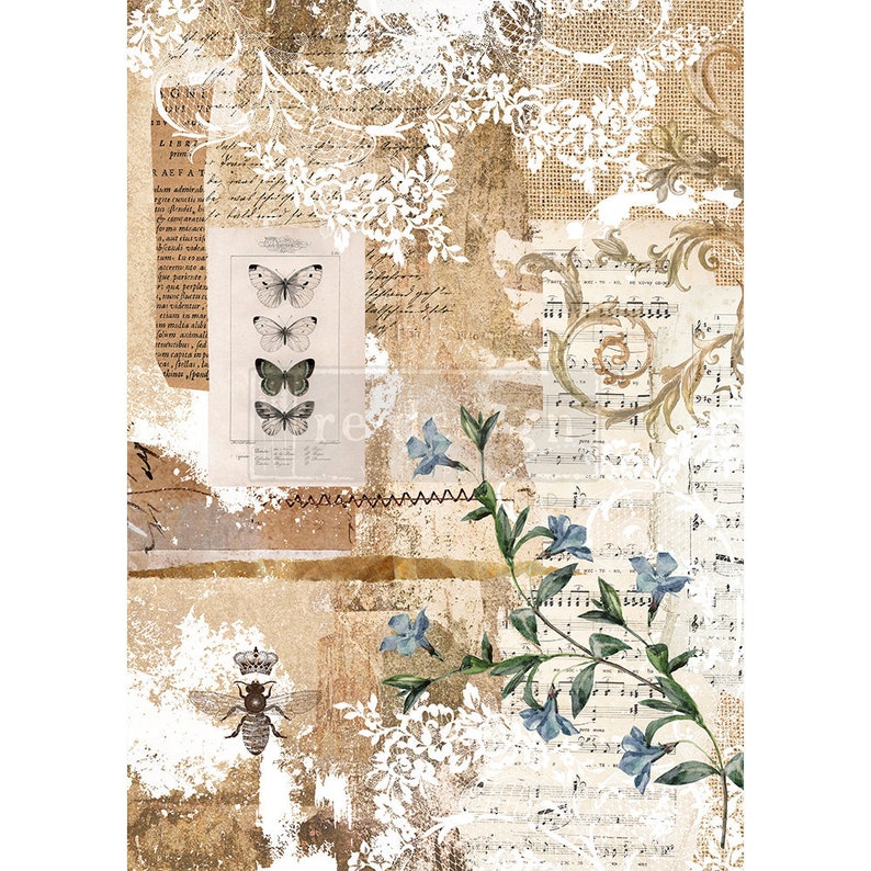 May include: A vintage-style digital paper background with a collage of images, including butterflies, a bee, flowers, and musical notes. The background is a mix of brown, white, and beige.