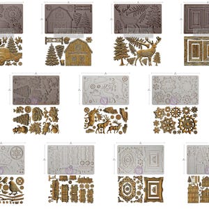 May include: A collection of rectangular silicone molds for crafting, each paired with its corresponding casted design. The molds feature intricate patterns including trucks, barns, deer, trees, gears, snowflakes, birds, trains, and ornate frames.