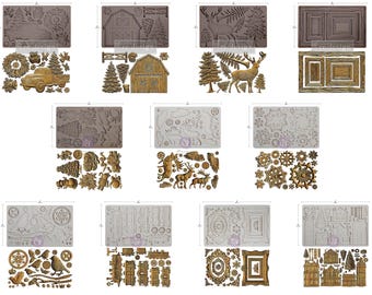 May include: A collection of rectangular silicone molds for crafting, each paired with its corresponding casted design. The molds feature intricate patterns including trucks, barns, deer, trees, gears, snowflakes, birds, trains, and ornate frames.