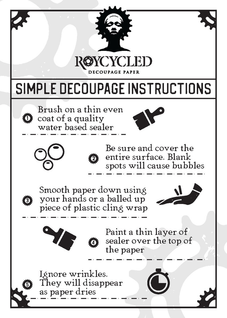 May include: A black and white illustration of five steps for decoupage using recycled paper. The steps are numbered 1 through 5 and include instructions for applying a sealer, smoothing the paper, and painting a sealer over the top of the paper. The text "ROYCYCLED DECOUPAGE PAPER" is at the top of the image.