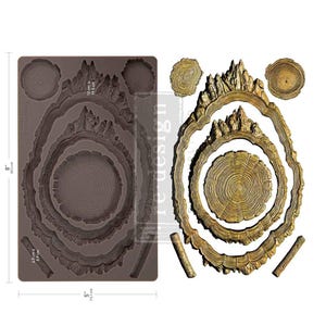 May include: A brown silicone mold and its corresponding gold-colored cast shapes featuring tree ring cross-sections, jagged mountain-like borders, and two small log segments. The mold measures 8 inches by 5 inches, with specific sections labeled 12 cm by 19.5 cm and 4.5 cm by 0.9 cm.