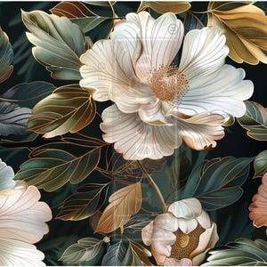 May include: A floral pattern featuring large, pale cream and soft peach-colored flowers with delicate, thin-lined petals. The design includes dark green and bronze-toned leaves set against a deep black background, creating a high-contrast botanical motif.