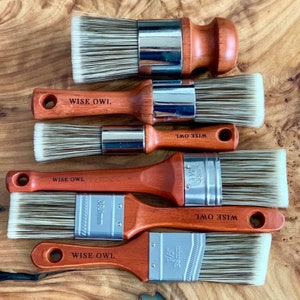 May include: Six paint brushes with wooden handles and silver metal ferrules. The brushes are labeled "WISE OWL" and have different sizes. The brushes are arranged in a row on a wooden surface.