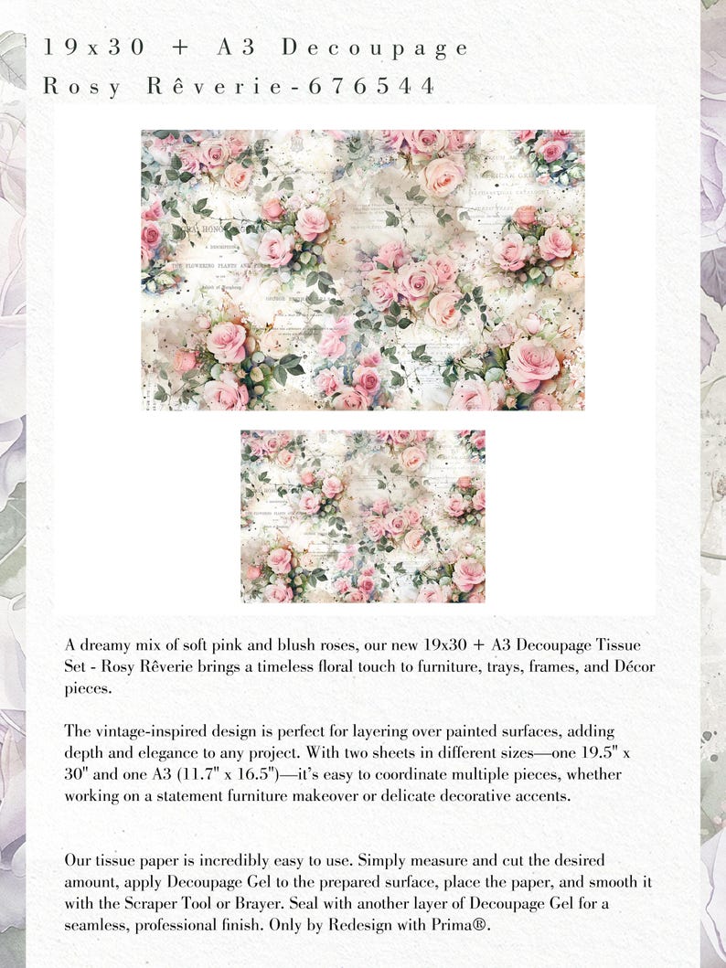 ROSY REVERIE Decoupage Paper Set || Redesign With Prima Fiber Paper ...