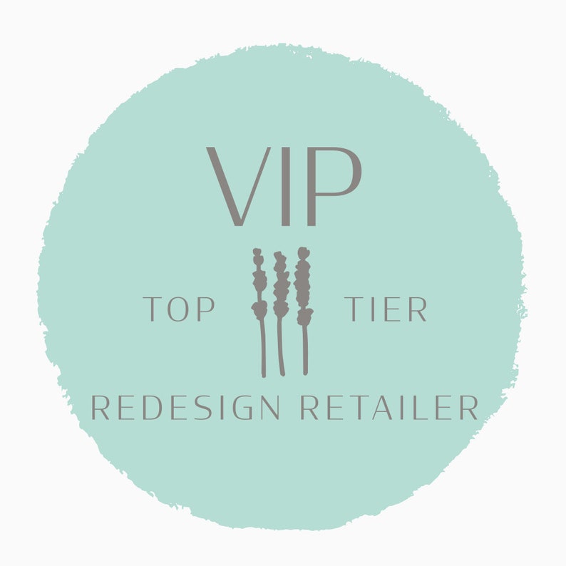 May include: A light blue circle with the text "VIP TOP TIER REDESIGN RETAILER" and a stylized image of three lavender sprigs.