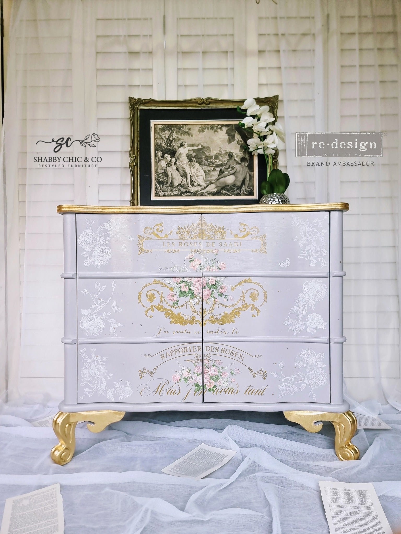 Rub on Furniture Transfers Kacha LES ROSES | Redesign with Prima Transfers | Golden and Pink Floral Furniture Decals (not foil)