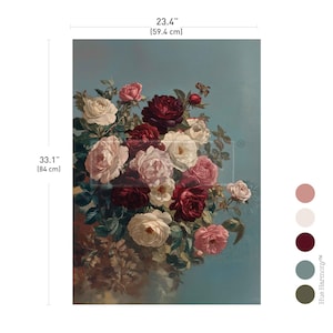 May include: A floral print featuring a bouquet of roses in shades of white, pink, and burgundy against a light blue background. The artwork measures 23.4 inches wide and 33.1 inches tall.