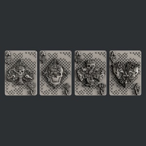 May include: Four playing cards with a skull and floral design. Each card is an Ace and features a different suit: clubs, diamonds, hearts, and spades.