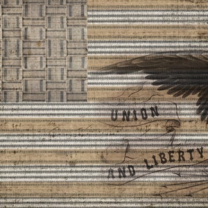 May include: A vintage-style American flag with a distressed, textured look. The flag features a bald eagle with outstretched wings and the words "UNION AND LIBERTY" in a banner.