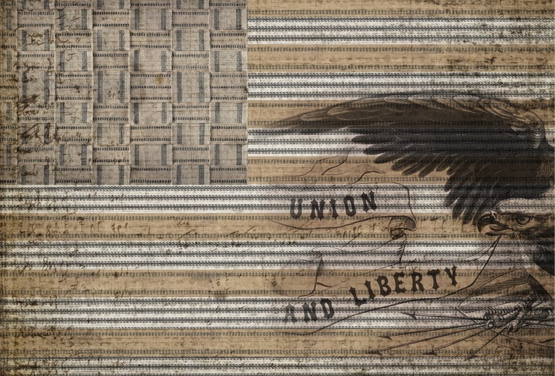 May include: A vintage-style American flag with a distressed, textured look. The flag features a bald eagle with outstretched wings and the words "UNION AND LIBERTY" in a banner.