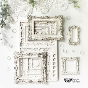 May include: White silicone mold with multiple ornate frame designs. The mold is for creating decorative resin or polymer clay frames.