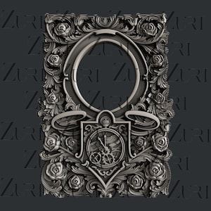 May include: A silver-colored, ornate picture frame with a circular opening and a detailed design featuring roses and a clock with gears. The frame is perfect for adding a touch of vintage elegance to any home decor.
