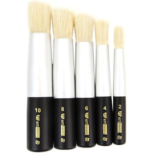 May include: Set of five round paint brushes with white bristles and black handles. The handles are labeled with the brush size: 10, 8, 6, 4, and 2. The brand name "art basics" is printed on each handle.