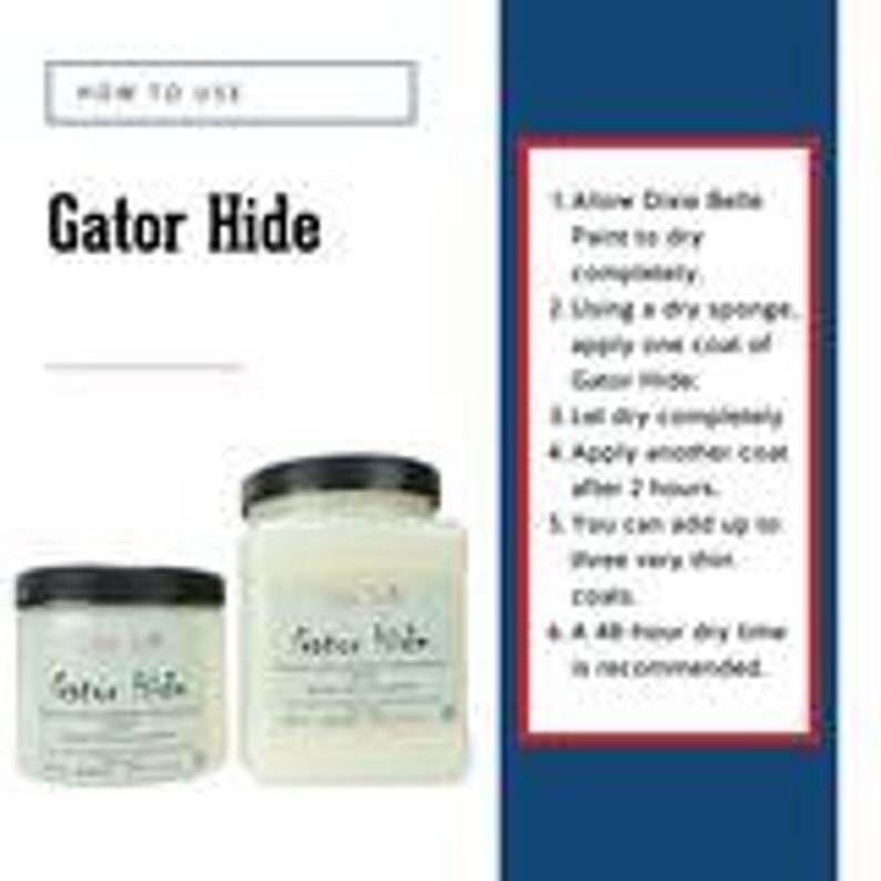 K&ouml;nnte beinhalten: Zwei Gl&auml;ser wei&szlig;er Farbe mit der Aufschrift "Gator Hide". Das gr&ouml;&szlig;ere Glas ist 16 oz und das kleinere Glas ist 4 oz. Anweisungen zur Verwendung der Farbe sind auf blauem Hintergrund aufgelistet.
