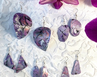 Fun dangle earrings, made from recycled plastic, purple pink silver, sterling silver