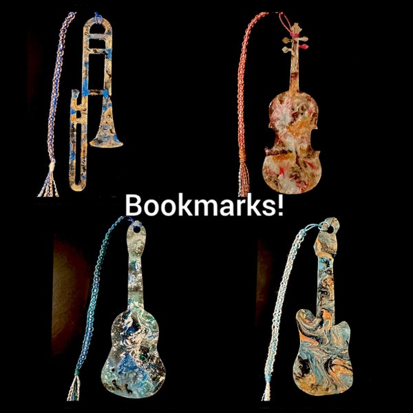 Musical Bookmarks from upcycled plastic! Hand Painted Bookmarks Electric Guitar Acoustic Guitar Violin Cello Trombone Bookmarks