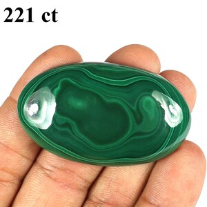 May include: A polished, oval-shaped malachite gemstone with a rich, deep green color and swirling patterns. The gemstone is held in a hand, showcasing its size and natural beauty. The text "221 ct" is visible in the upper left corner.