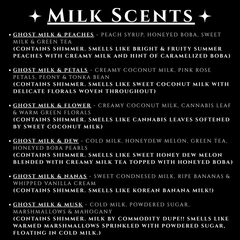 May include: A black background with white text listing various "Milk Scents." The scents include Ghost Milk & Peaches, Ghost Milk & Petals, Ghost Milk & Flower, Ghost Milk & Dew, Ghost Milk & Nanas, and Ghost Milk & Musk. Each scent description includes the ingredients and a description of the scent.