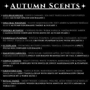 May include: A black graphic with the words "AUTUMN SCENTS" and a list of scent descriptions. The descriptions include notes of caramel, vanilla, pumpkin, and other fall-themed aromas. The text is in white.