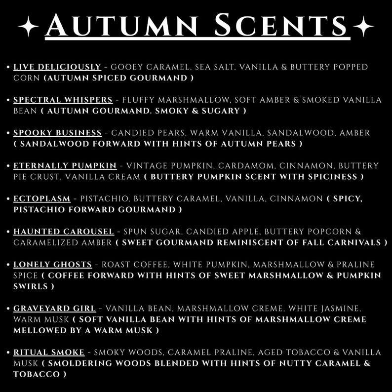 May include: A black graphic with the words "AUTUMN SCENTS" and a list of scent descriptions. The descriptions include notes of caramel, vanilla, pumpkin, and other fall-themed aromas. The text is in white.