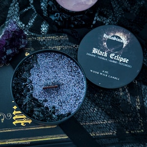 Black Eclipse Rose, Jasmine & Patchouli Scented Candle with Obsidian Crystals - 6oz Tin