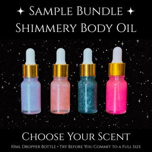 HellaSinister Sample bundle of shimmery body oil in 10ml dropper bottles, available in multiple scents. Vegan indie body oil sampler with glittery shimmer, gothic skincare, try-before-you-buy, goth perfume oil.