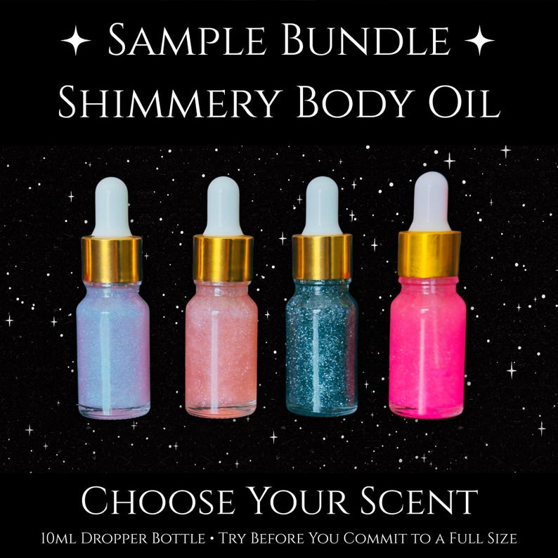 HellaSinister Sample bundle of shimmery body oil in 10ml dropper bottles, available in multiple scents. Vegan indie body oil sampler with glittery shimmer, gothic skincare, try-before-you-buy, goth perfume oil.
