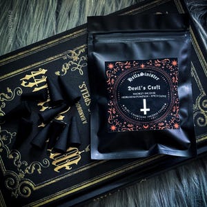 Charcoal incense cone burning on a ceramic incense holder, with a black bag labeled “Devils Croft” pumpkin and clove incense cones by HellaSinister, photographed on a dark gothic background with vintage occult book props.