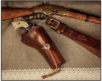 The "Mesa" Rig, 7.5" Peacemaker Holster, Colt SAA M 1873, Handmade Natural Leather, Right Hand Draw, Western Holster, Gun Belt