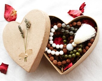 108 Bead Mala Necklace, Eco Friendly Heart Box, Hand-Written Letter, Rose Petals.