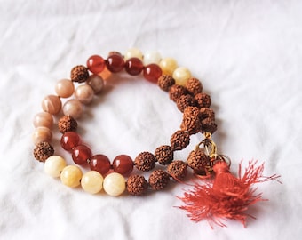 LITHA Mini Mala, Carnelian, Sunstone, Yellow Jade, Rudraksha, WHEEL Of The YEAR, choker, wrap bracelet, mini tassel.