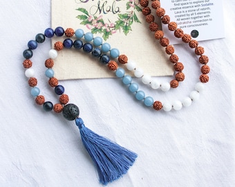 WATER 108 Hand-Knotted Mala Bead Necklace, Sodalite, Angelite, Moonstone, Lava, Rudraksha.