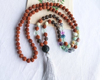 AIR 108 Hand-Knotted Mala Bead Necklace, Smokey-Quartz, Fluorite, Amazonite, Lava, Rudraksha.