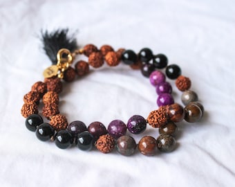 SAMHAIN Mini Mala, Onyx, Raw Opal, Lepidolite, Rudraksha, WHEEL Of The YEAR, choker, wrap bracelet, mini tassel.