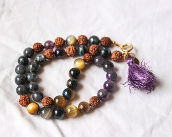 ETHER Mini Mala, Amethyst, Blue-Yellow Tiger’s Eye, Larvakite, Rudraksha PENTAGRAM elements, choker, wrap bracelet, mini tassel.