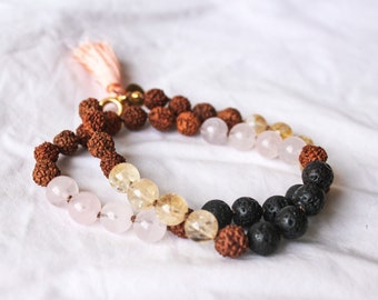 MABON Mini Mala. Rose Quartz, Lava Stone, Citrine, Rudraksha, WHEEL Of The YEAR choker, wrap bracelet, mini tassel.