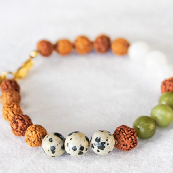 OSTARA Japa Bracelets, Moonstone, Green Jade, Dalmatian Jasper, Rudraksha, WHEEL Of The YEAR